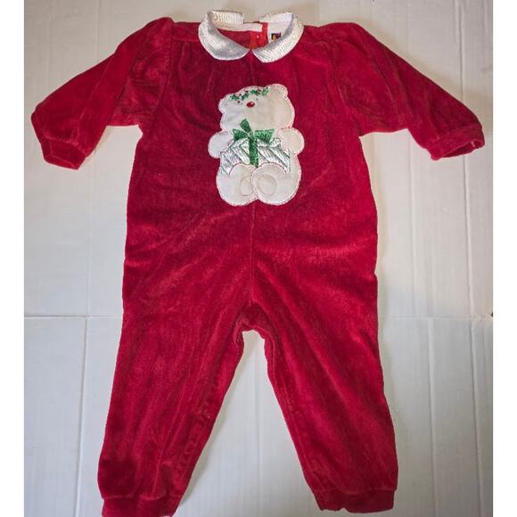 Vintage Carter's Red Velour Christmas Bear Pajamas Satin Collar 18 months - Picture 1 of 7